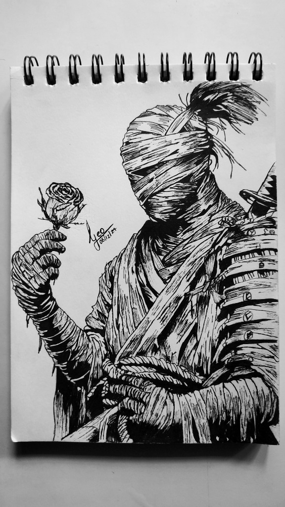Ink drawing of bandaged warrior with rose