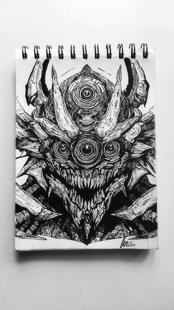 Ink drawing of multi-eyed demon