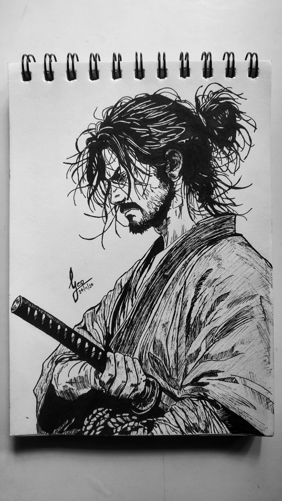 Ink drawing of samurai in kimono