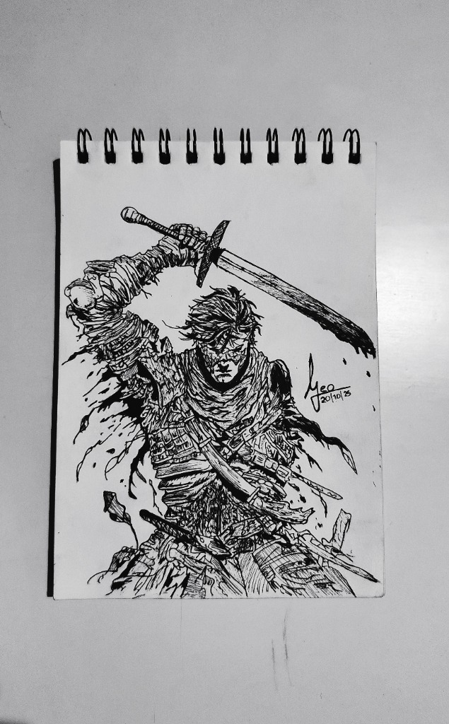 Ink drawing of samurai raising sword