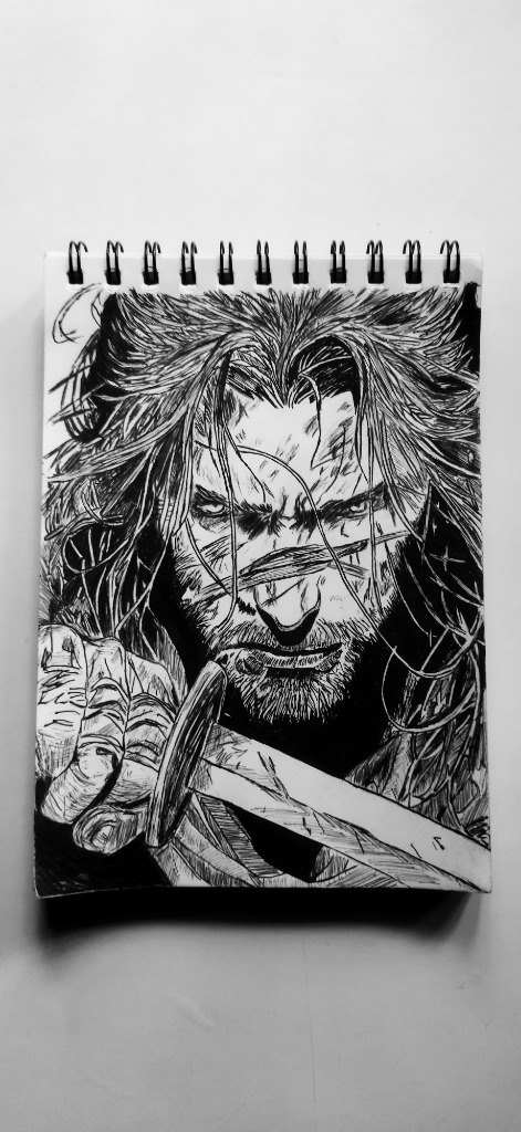 Ink drawing of warrior with blade