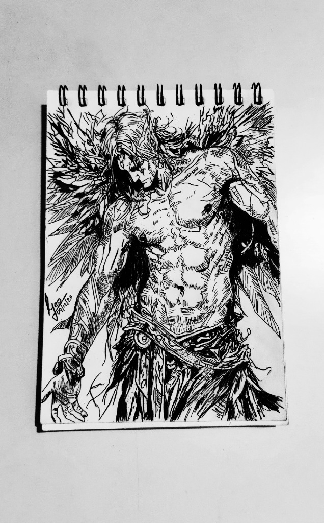 Ink drawing of winged warrior